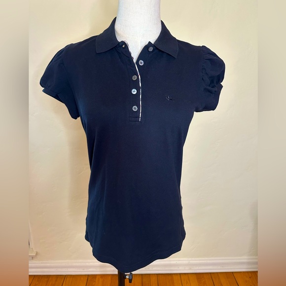 Burberry Tops - Burberry women’s black polo shirt w/nova check piping & puff sleeve NWOT Size M